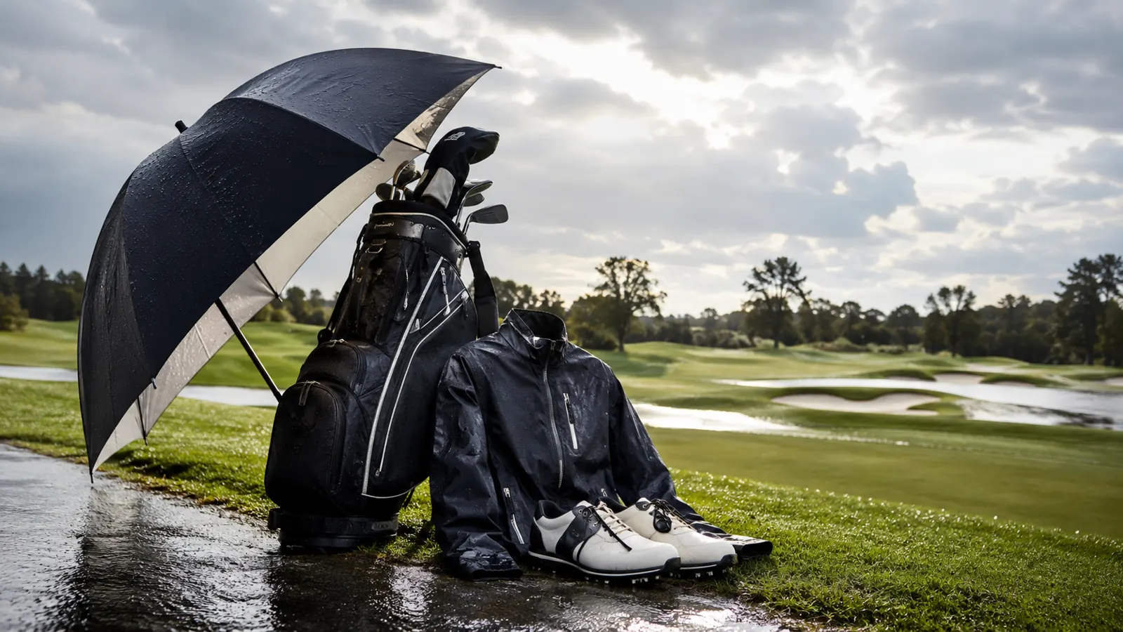 Parapluie et sac de golf sur un parcours de golf