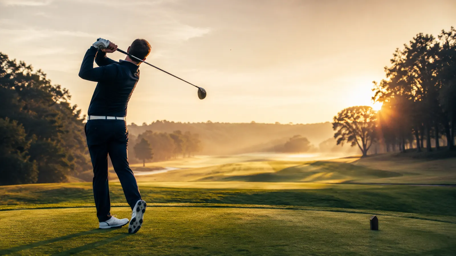 Comment viser et s'aligner correctement au golf ? 2 Golfeur realisant son swing au lever du soleil