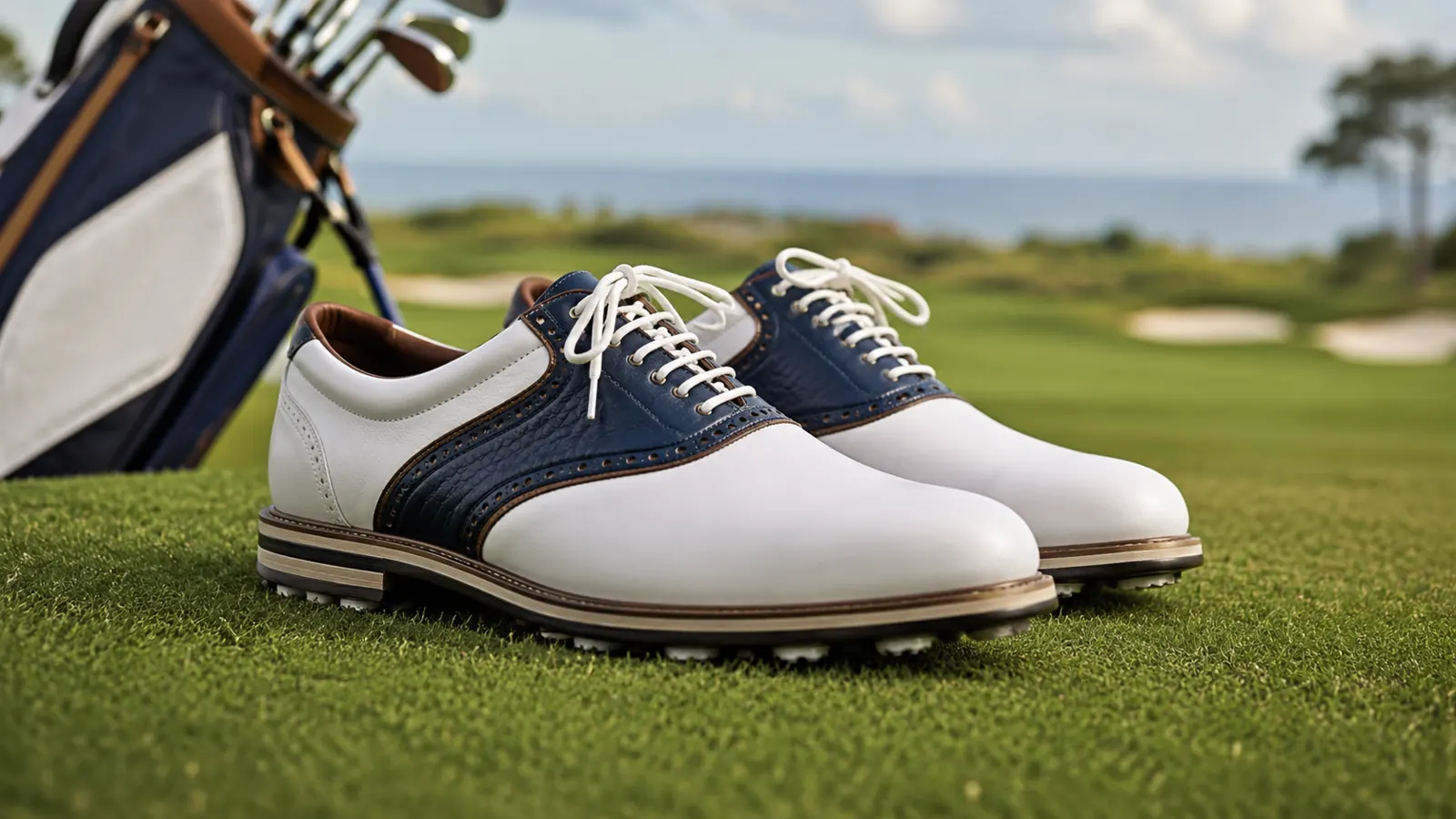 Meilleures chaussures de golf : comparatif 2 Chaussures de golf blanches et bleues avec sac de golf