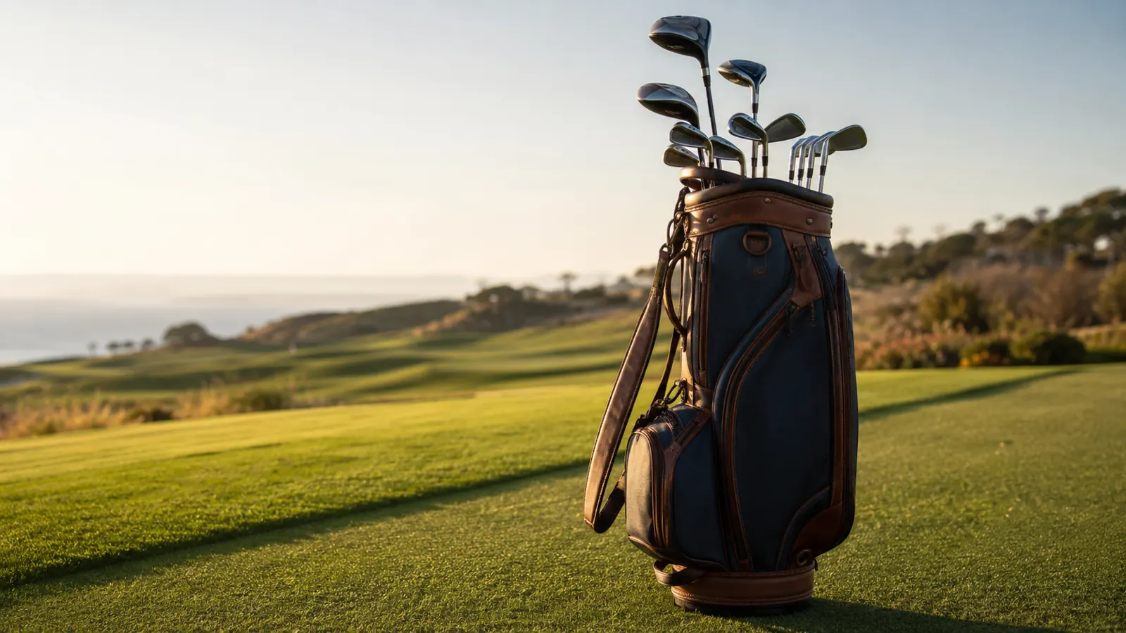 Sac de golf en cuir avec clubs sur un parcours en bord de mer