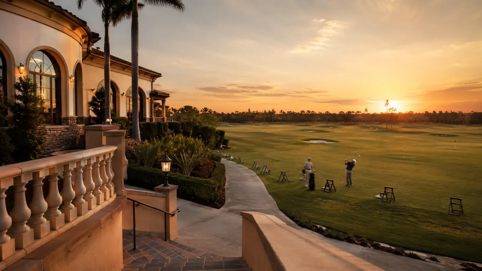 Où jouer au golf en hiver ? 2 Terrasse d un resort de golf au coucher du soleil